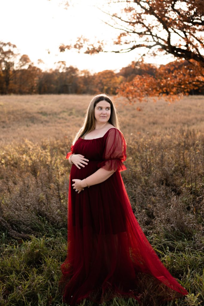 an expecting mother stands holding her belly as one of the maternity photographers in michigan takes her portrait in front of an open field