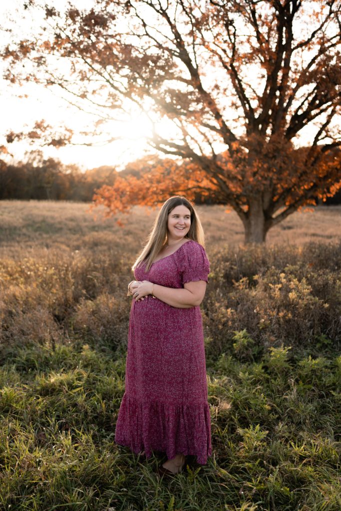 this expecting mother smiles over her shoulder as her hair and dress flow down her figure while maternity photographers in michigan capture her portrait