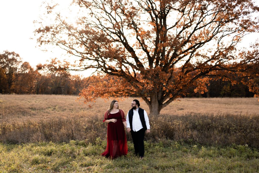 an expecting couple stand in front of a tree and open field while maternity photographers in michgan capture them holding hands and beaming at each other