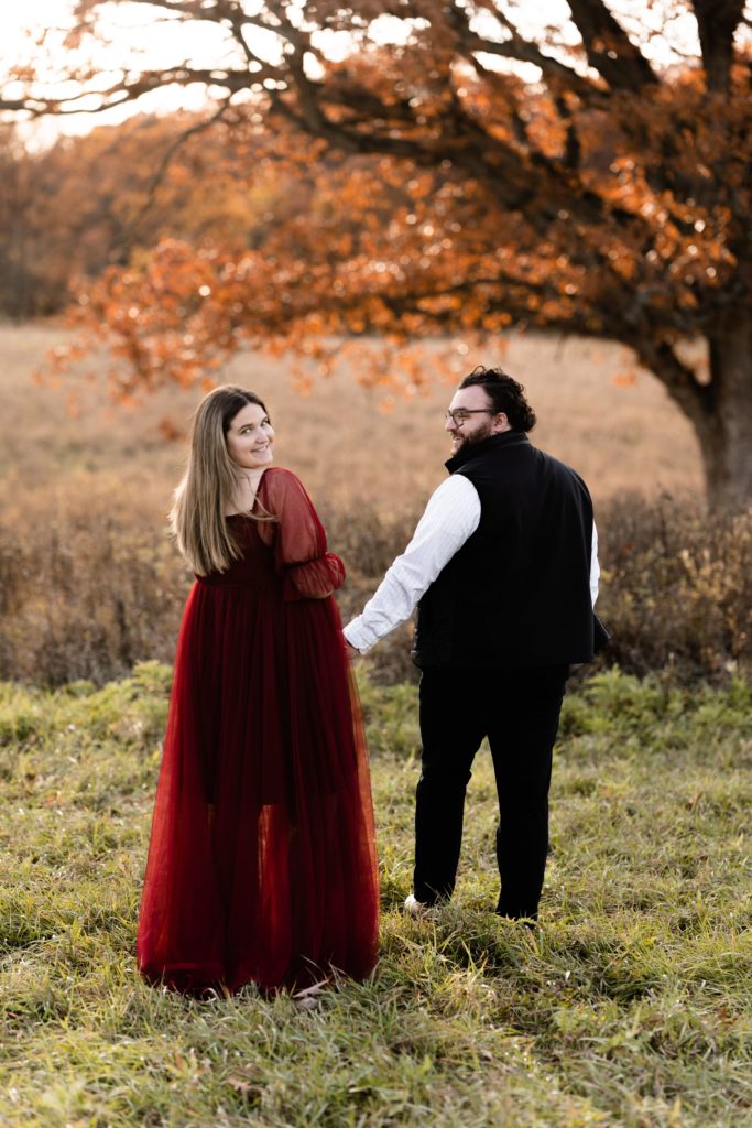 maternity photographers in michigan capture an expectant mother looking back as her husband looks back at her while holding her hand in front of an open field