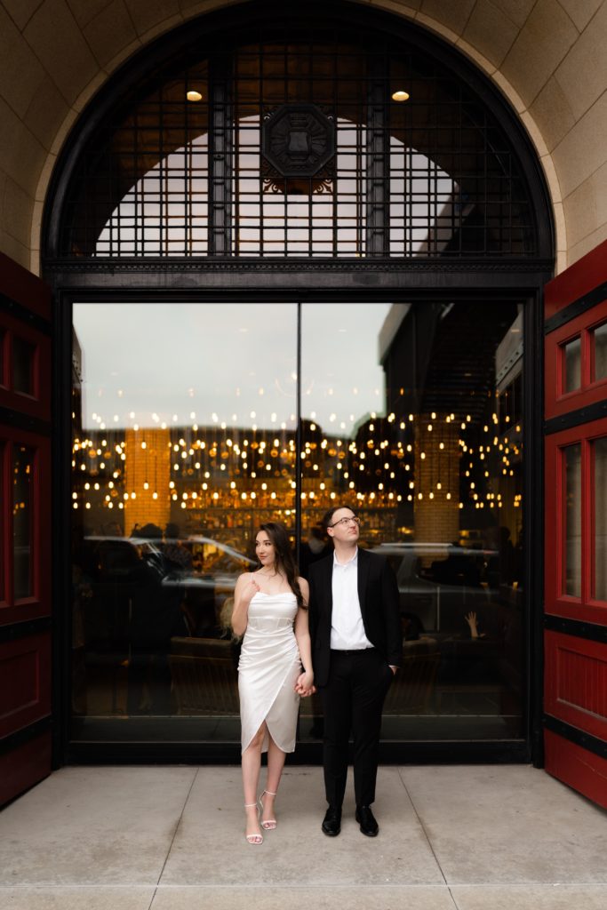 julia and drew look in opposite directions during their engagement photoshoot