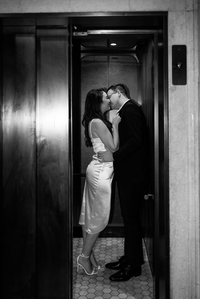julia and drew kiss in the elevator at the detroit foundation hotel as the door closes